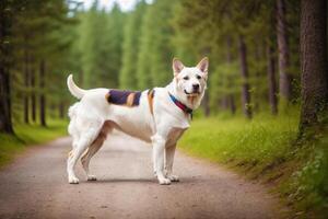 Portrait of a cute mixed breed dog lying on the grass in the park. photo
