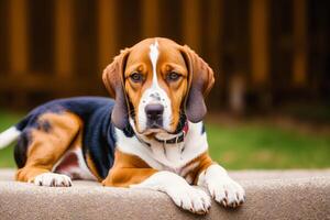 Portrait of a beautiful dog breed American English Coonhound in the park. photo