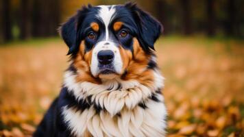 Portrait of a beautiful Australian Shepherd dog standing on the green grass in the park. photo