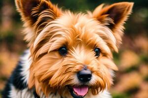 Portrait of a cute Yorkshire Terrier dog in the park. photo