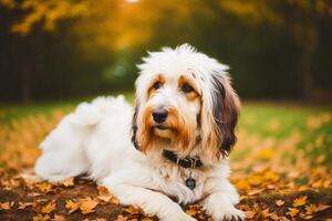 Portrait of a beautiful dog in the autumn park. Selective focus. photo