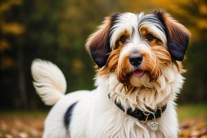 Portrait of a beautiful dog in the autumn park. Selective focus. photo