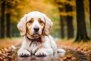 Portrait of a beautiful English Setter dog in the park. photo