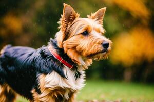 retrato de un linda Yorkshire terrier perro en el parque. generativo ai foto