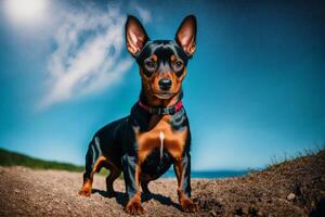Miniature pinscher sitting on the ground in the park. photo