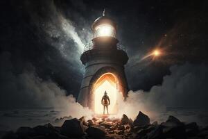 Metal Bronze lighthouse, small hooded figure with lantern at the base, a bright white large glowing ball of electric light at top of light house. technology photo