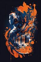 generativo ai antecedentes bandera música y sonido con algunos tecnología, naranja y oscuro azul color.oro música notas y triplicar clave en línea ola de sonido melodía. ilustración modelo para música festival foto