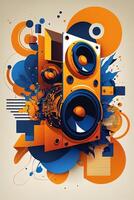 Background banner Music and sound with some technology, orange and dark blue color.Gold music notes and treble clef on line wave of sound tune. illustration template for music festival photo