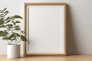 Blank picture frame mockup on wall in modern interior. Artwork template mock up in interior design. Wooden Picture Frame Mockup on White Wall Minimalist - photo