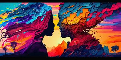 Generation AI abstract colorful vibrant colors male and female look together with landscape background. Concept of love photo