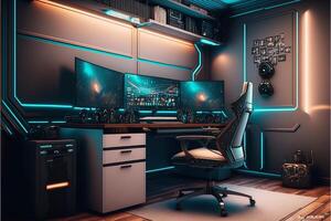 Spectacular gaming room interior, gaming pc, gaming desk, game setup room, tv, desk for five People, futuristic, LED lights, cyberpunk color. photo