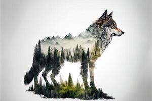 Double exposure of a wolf and jungle on white background. Camping concept. Vintage Grizzly for t-shirt design, sticker, poster, and wallpaper. photo