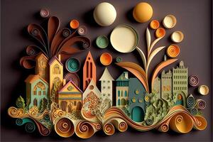 paper quilling style urban design. Multidimensional paper quilling craft illustration a small city. photo