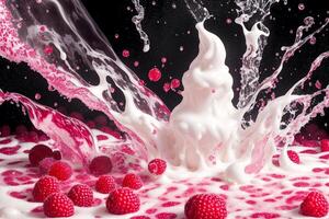 delicious Raspberry in a milk on a black background, Splash. close-up. Healthy food concept. photo