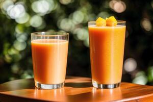 Glass of fresh mango juice on wooden table, closeup. Healthy food concept. photo