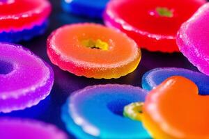 close up of Colorful jelly candies on a wooden background, sweet food. Colorful candies on a dark background. photo