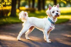 Cute West Highland White Terrier dog standing in the park. photo