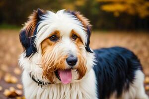 Portrait of a beautiful dog in the autumn park. Selective focus. photo