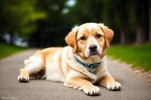 Portrait of a cute mixed breed dog lying on the grass in the park. photo