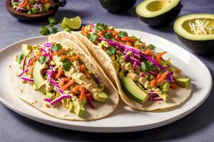 Mexican tacos with salmon, avocado, cilantro, onion and sauce. Mexican food. photo