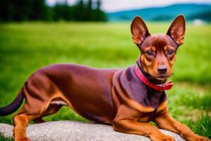 Miniature pinscher sitting on the ground in the park. photo