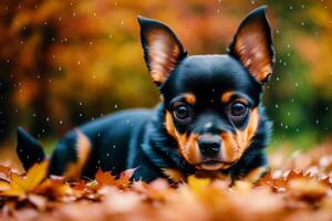 Funny English Toy Terrier dog in the autumn park. Black and brown color. photo