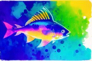 Colorful fish on abstract watercolor background. Digital art, photo
