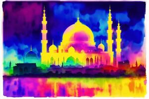 Silhouette of mosque on colorful background. Ramadan Kareem. Abstract colorful background. Watercolor paint. Digital art, photo