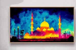 Silhouette of mosque on colorful background. Ramadan Kareem. Abstract colorful background. Watercolor paint. Digital art, photo