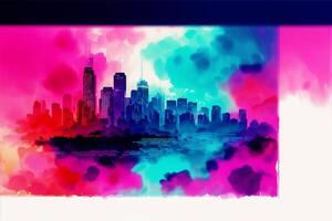 Abstract colorful watercolor background with skyscrapers. beautiful silhouette of the city. Digital art, photo