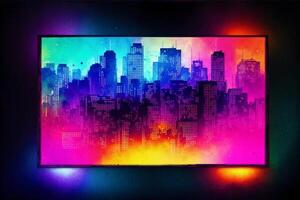 Abstract colorful watercolor background with skyscrapers. beautiful silhouette of the city. Digital art, photo