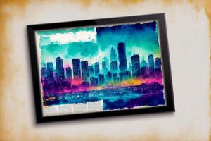 Abstract colorful watercolor background with skyscrapers. beautiful silhouette of the city. Digital art, photo