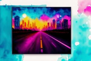 Abstract colorful watercolor background with skyscrapers. beautiful silhouette of the city. Digital art, photo