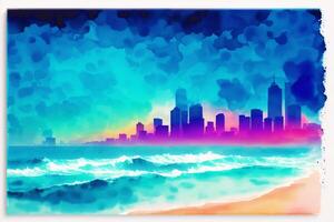 Abstract colorful watercolor background with skyscrapers. beautiful silhouette of the city. Digital art, photo