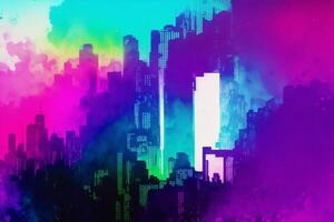 Abstract colorful watercolor background with skyscrapers. beautiful silhouette of the city. Digital art, photo