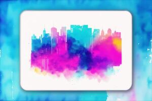 Abstract colorful watercolor background with skyscrapers. beautiful silhouette of the city. Digital art, photo