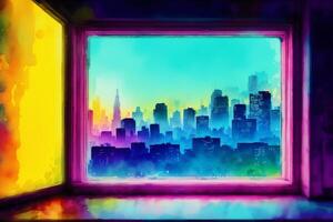 Abstract colorful watercolor background with skyscrapers. beautiful silhouette of the city. Digital art, photo