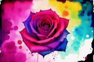 Colorful watercolor background with a rose in the center and a place for your text. Watercolor paint. Digital art, photo