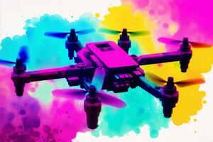 Drone quadcopter with digital camera on colorful background. Watercolor paint. Digital art, photo