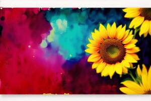Sunflower on a multicolored background with a place for text. Watercolor paint. Digital art, photo