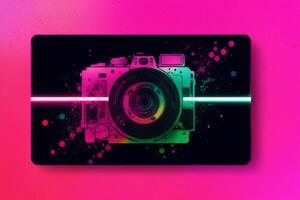 Digital camera with colorful watercolor splashes. Abstract colorful background. Watercolor paint. Digital art, photo