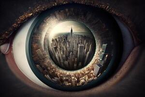 A photograph of a city from above inside the pupil of an eye realistic. Close-up Eye with a modern futuristic city inside it. Look for future. keep moving forward concept. photo