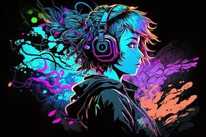 an neon gamer anime fashion girl or woman wearing headphones, lost in her music. abstract background that evokes the feeling of different genres of music. banner music concept photo