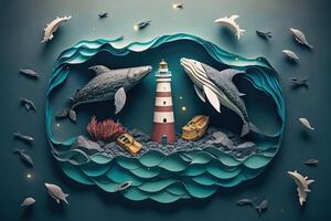 a top view paper art of Lighthouses and whales on the sea, sunny. Perfect for your project, texture, blog,gift paper, wrapping and environment. photo