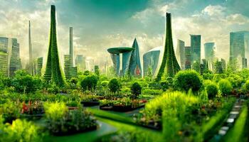 Spectacular eco-futuristic cityscape full with greenery, skyscrapers, parks, and other manmade green spaces in urban area. Green garden in modern city. photo