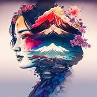 double exposure of a gorgeous geisha and Mount Fuji with peach flower and river. Beautiful face of Asian woman on white background, image combined with nature, green mountains landscape photo