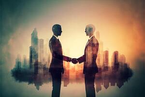 The double exposure image of two business man shaking hand with cityscape image. The concept of modern life, business, city life and internet of things. photo