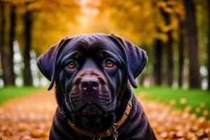 Portrait of a black labrador retriever dog in the park. photo