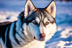 Portrait of a beautiful Alaskan husky dog in the park. Siberian Husky dog with blue eyes in winter forest. photo