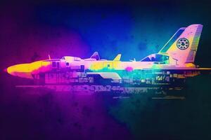 Airplane on colorful watercolor background. Airplane in the sky.Watercolor paint. Digital art, photo